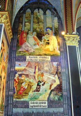 1066 KISPEST-PESTSZENTERZSÉBETI ESPERESKERÜLET 4. kép. Freskórészlet karácsonyi jelenetekkel (D. F. M.) lenc kép látható, középen öt, a szárnyakon kettô-kettô.