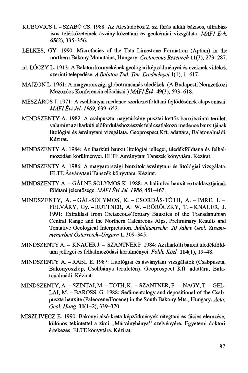 KUBOVICS I. - SZABÓ CS. 1988: Az Alcsútdoboz 2. sz. fúrás alkáli bázisos, ultrabázisos telérkőzeteinek ásvány-kőzettani és geokémiai vizsgálata. M A F 1 Évk. 65(2), 335-356. LELKES, GY.