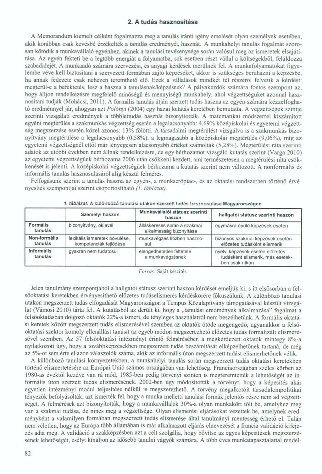 2. A tudás hasznosítása A Memorandum kiemelt célként fogalmazza meg a iránti igény emelését olyan személyek esetében, akik korábban csak kevésbé érzékelték a eredményét, hasznát.
