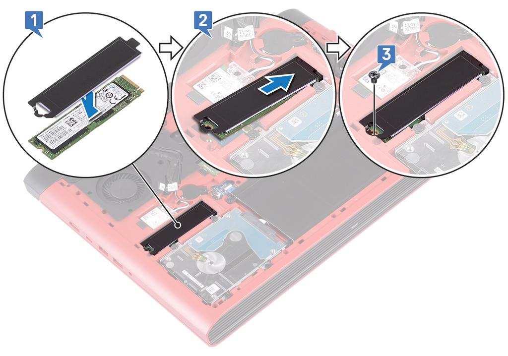 10 Az SSD meghajtó visszahelyezése VIGYÁZAT: A számítógép belsejében végzett munka előtt olvassa el a számítógép mellé kapott biztonsági tájékoztatót, és kövesse a Mielőtt elkezdene dolgozni a