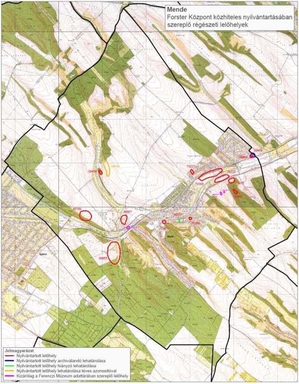 1. ábra: A közhiteles örökségvédelmi nyilvántartásban szereplő régészeti lelőhelyek (Forster) Mende régészeti emlékeinek bemutatása: Mende község a Gödöllői-dombság déli szélén, a 31-es számú