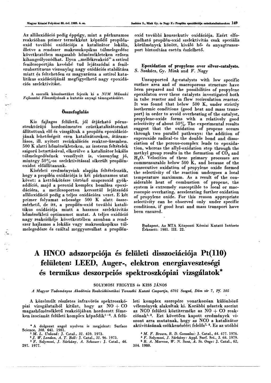 Magyar Kémiai Folyóirat 88. évf. 1982. 4. sz. Szakács S., Mink Gy. és Nagy F.