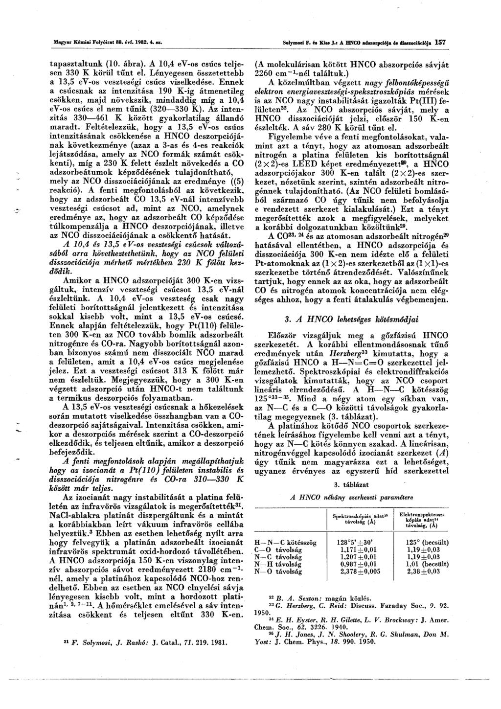 Magyar Kémiai Folyóirat 88. évf. 1982. 4. az. Solymoai F. és Kiss J.t A HNCO adszorpciója és disszociációja 1 5 7 tapasztaltunk (10. ábra). A 10,4 ev-os csúcs teljesen 330 K körül tűnt el.