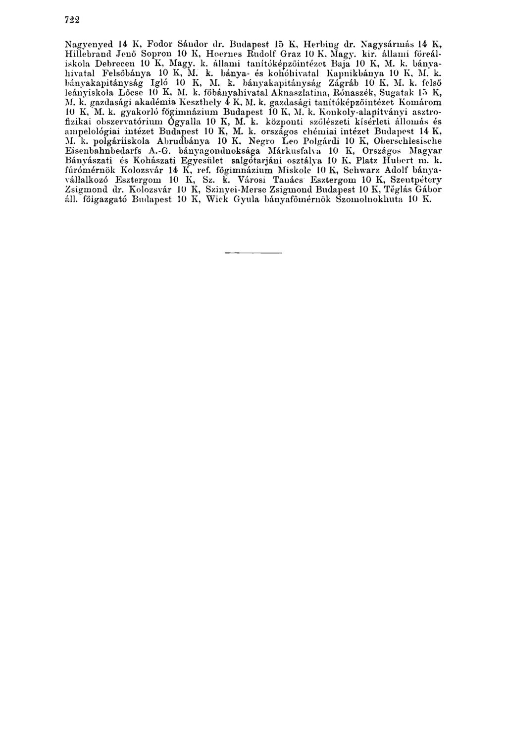 722 Nagyenyed 14 K, Fodor Sándor dr. Budapest 15 K, Herbing dr. Nagy sármás 14 K, Hillebrand Jenő Sopron 10 K, Hoernes Rudolf Graz 10 K, Magy. kir. állami főreáliskola Debrecen 10 K, Magy. k. állami tanítóképzőintézet Baja 10 K, M.