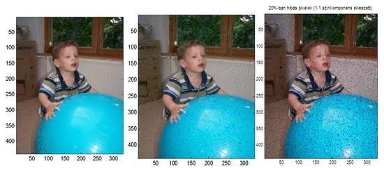 Gyakorlati feladatmegoldás: adatelőkészítés, lényegkiemelés Az összehasonlítás kedvéért egymás mellé tettük az egyszerű módszerrel javított és az eredeti (20% hibás pixelt tartalmazó) képet is. 20.