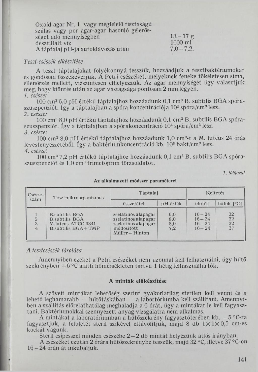 Oxoid agar Nr. 1. vagy megfelelő tisztaságú szálas vagy por agar-agar hasonló gélerősséget adó mennyiségben 13-17 g desztillált víz 1000 ml A táptalaj ph-ja autoklávozás után 7,0-7,2.