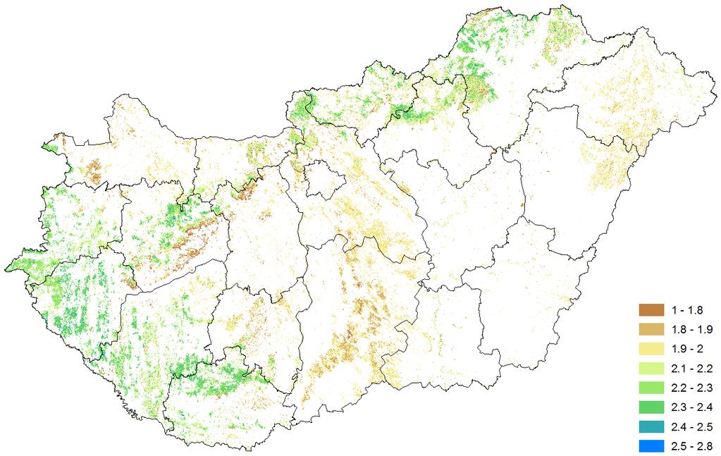 102 Czimber Kornél, Mátyás Csaba, Bidló András és Gálos Borbála 8. ábra: Módszer által javasolt élállományok növekedése a 2041-2070 időszakban.