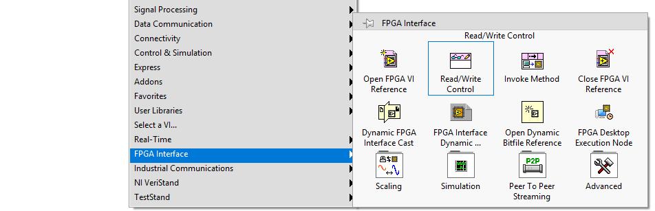 Következő lépésként a szintén az FPGA Interface könyvtárban található Read/Write Control VI-vel tudjuk az FPGA vezérlő VI Front Panel-jére helyezett bemeneteket és kimeneteket kezelni.