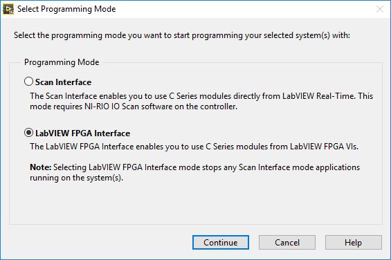 Válasszuk ki a LabVIEW FPGA Interface pontot! Ha korábban már fel volt programozva a crio, és fut rajta program, akkor megjelenhet az alábbi ablak.