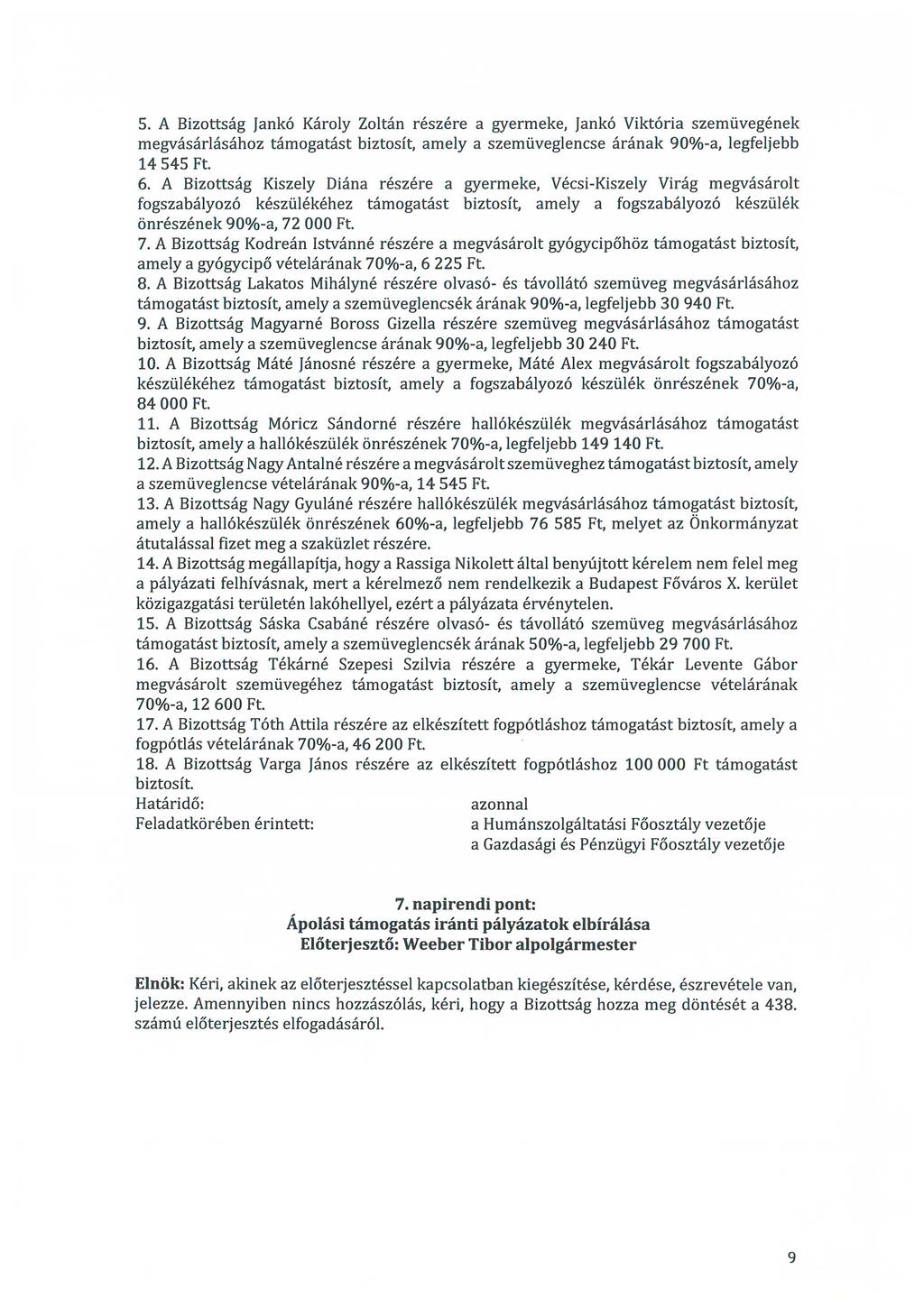 5. A Bizottság Jankó Károly Zoltán részére a gyermeke, Jankó Viktória szemüvegének megvásárlásához támogatást biztosít, amely a szemüveglencse árának 90%-a, legfeljebb 14 545 Ft. 6.