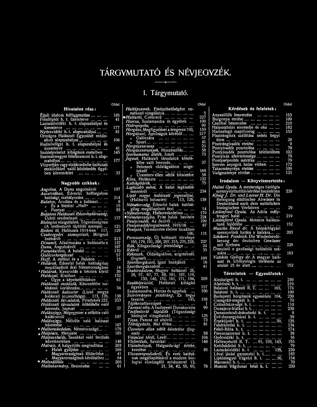 felsőszamosi h t alap szabályai 177 Vízpartján vagy vízijárművön halászati eszközökkel való] közlekedés ügyé ben körrendelet ---------------- 33 Nagyobb czikkek: Angolna, A Duna angolnáiról 197