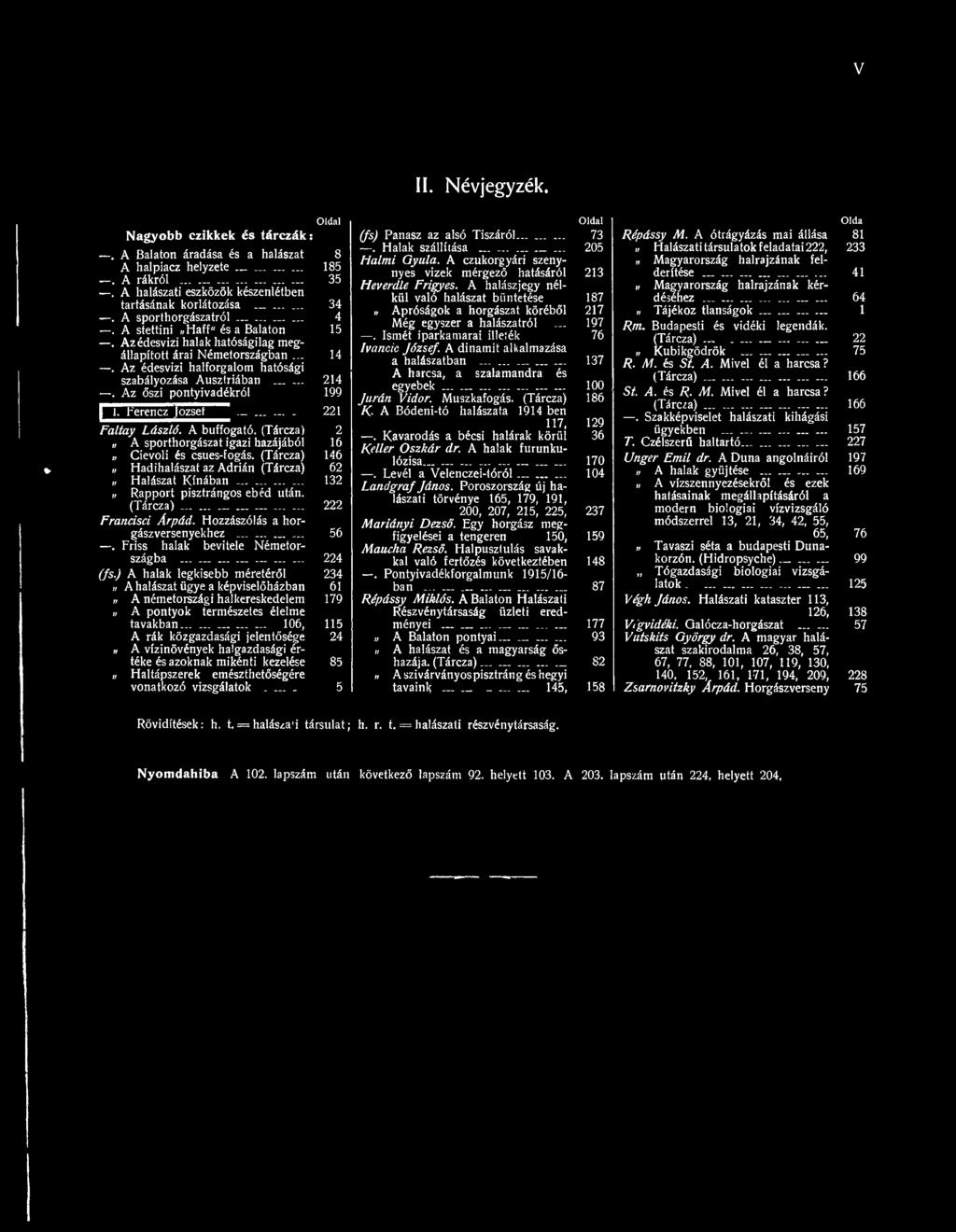 Az őszi pontyivadékról 199 f e r e n c z jó z s e f ^ ------------- 221 Faltay László A buffogató (Tárcza) 2 A sporthorgászat igazi hazájából 16 Cievoli és csues-fogás (Tárcza) 146 Hadihalászat az