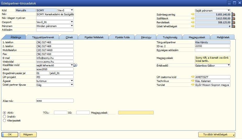 15. ábra: ÜP > Üzleti partner/mellékletek regiszter 3. 2.2 VEVŐ: SOMY KERESKEDELMI ÉS SZOLGÁLTATÓ KFT.