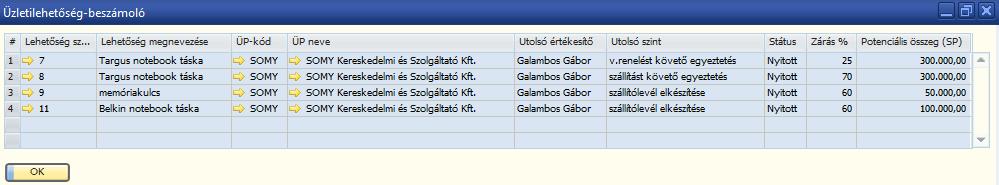 2.2.1.1 Általános terület Üzleti lehetőségek 2.2.1.1.1 Általános terület Üzleti lehetőségek Navigációs nyíl Az Üzleti lehetőségeknél a navigációs nyílra való kattintást követően az alábbi táblázatban megjelenik négy nyitott üzleti lehetőség (17.