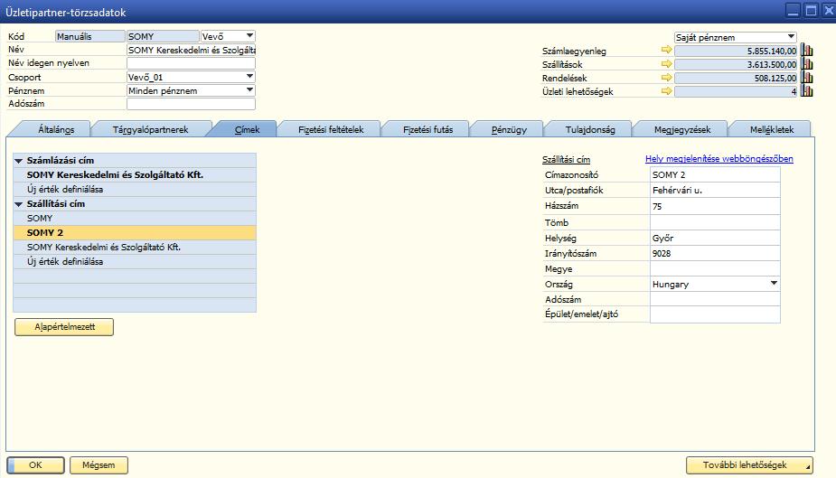 2.2.3 Címek regiszter A regiszteren belül adhatjuk meg a Számlázási és a Szállítási címeket.