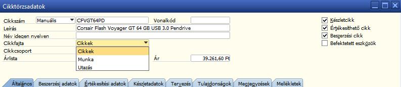 Az ablak jobboldali részén meg kell adni, hogy egy adott cikk beszerezhető, készletezhető vagy értékesíthető-e. 48. ábra: Kv > Cikktörzsadatok/Általános terület és Általános regiszter 3.1.