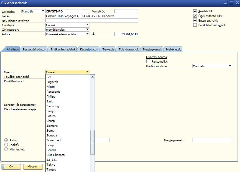 50. ábra: Kv > Cikktörzsadatok/Általános regiszter/gyártó 3.1.