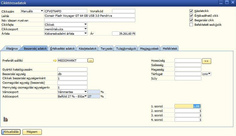 3.2 BESZERZÉSI ADATOK REGISZTER A cikk beszerzéséhez kapcsolódó adatokat vihetünk fel.