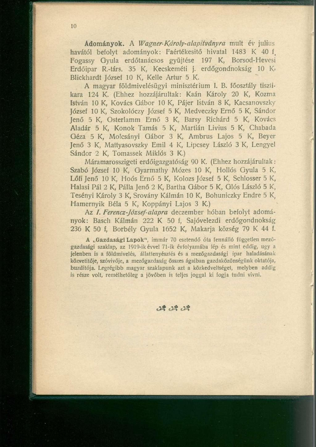 Adományok. A Wagner-Károly-alapitványra mult év július havától befolyt adományok: Faértékesitő hivatal 1483 K 40 f, Fogassy Gyula erdőtanácsos gyűjtése 197 K, Borsod-Hevesi Erdőipar R.-társ.