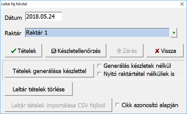 Készletek módosítása A tételek rögzítése, importálása vagy generálása után be kell zárni a leltár ablakokat, majd újra be kell lépni a Leltár menüpotba és ki kell választani a már létező leltárazást.