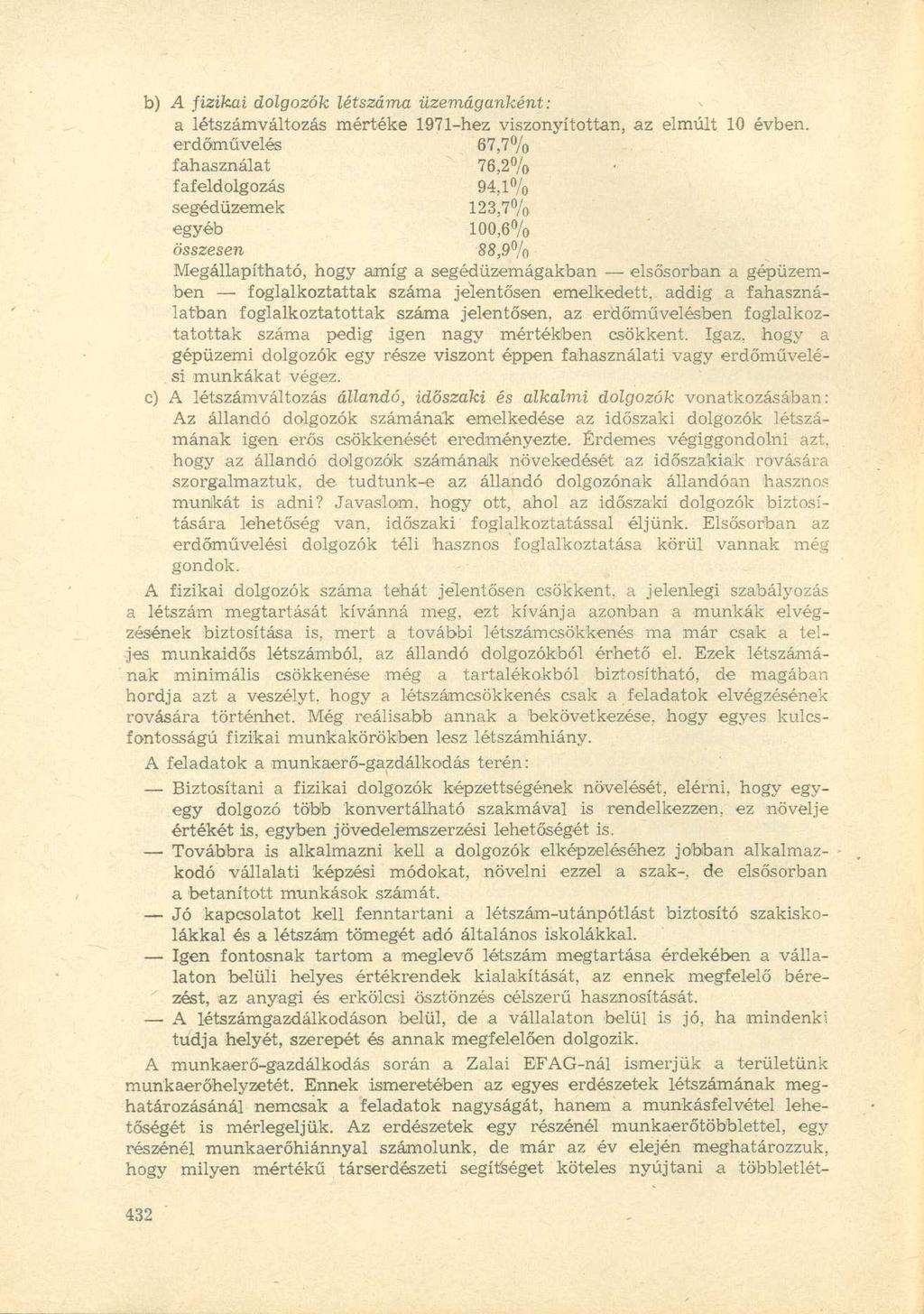 b) A fizikai dolgozók létszáma üzemáganként: a létszámváltozás mértéke 1971-hez viszonyítottan, az elmúlt 10 évben.