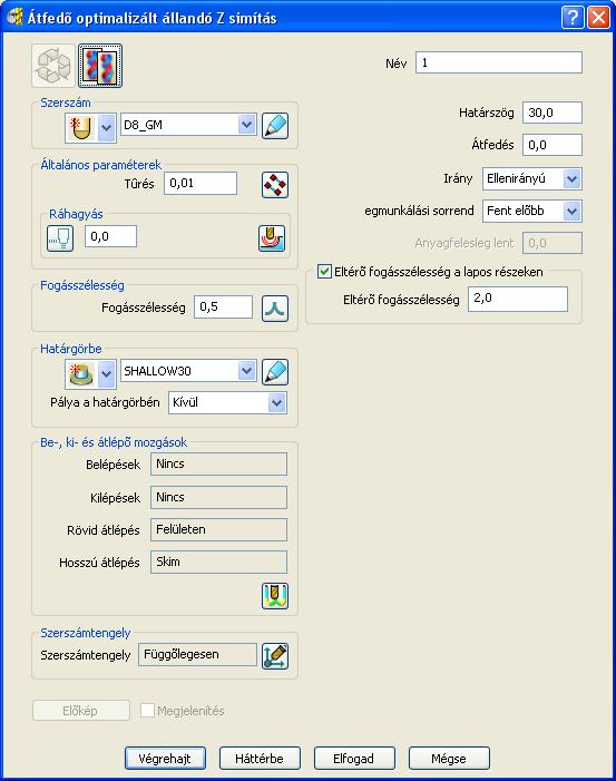PowerMill 4. Simítás 4.2.4 Átfedő optimalizált állandó Z simítás Meghatározás Hasonlóan az Optimalizált állandó Z simítás -hoz, kombinálja a 3D-s ofszet és az állandó Z simítás előnyeit.