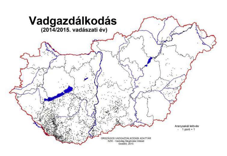 11. térkép: Aranysakál elejtések 2009/2010. (forrás: OVA) 12. térkép: Aranysakál elejtések 2014/2015.