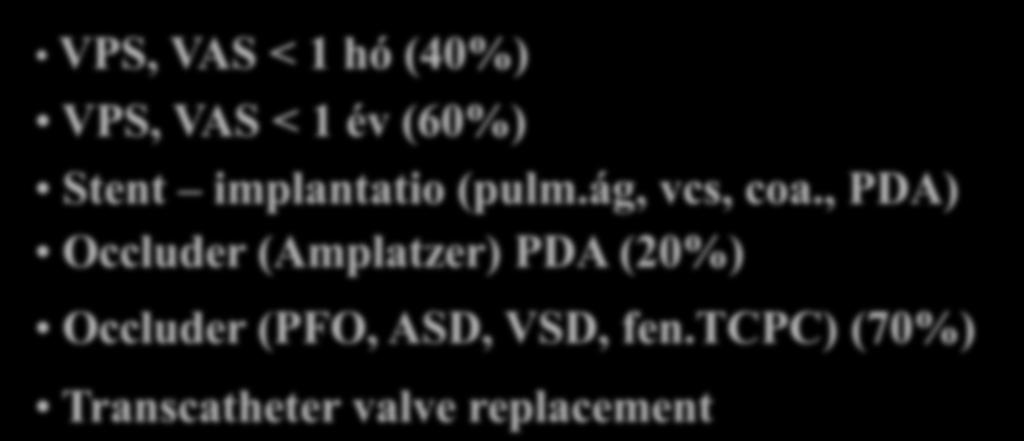 Szemléletváltozás a gyermekkardiológiában Marker/index katéter-intervenció VPS, VAS < 1 hó (40%) VPS, VAS < 1 év (60%) Stent