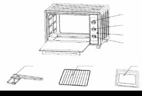 Technical informations GB 1 - Knob for adjusting temperature. 2 - Knob for selecting the function. 3 - Knob for setting baking time 4 - Functioning pilot light. 5 - Baking tin. 6 - Grill.
