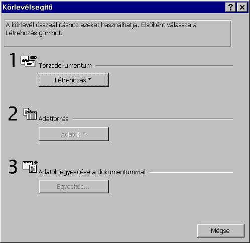 : www.pszfsalgo.hu, : radigyorgy@gmail.com, : 30/644-5111 Word 97 3. Nyomjuk le a törzsdokumentum [Létrehoz] gombját! Válasszuk a formalevél listaelemet! Megjelenik egy üzenetablak. 4.