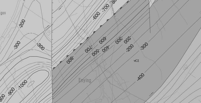 , piros vonal = vető, piros vonal tüskével = feltolódás, piros vonal nyíllal = eltolódás, barna izovonal számokkal = a pretercier felszín szintvonalai Colour figure 7.