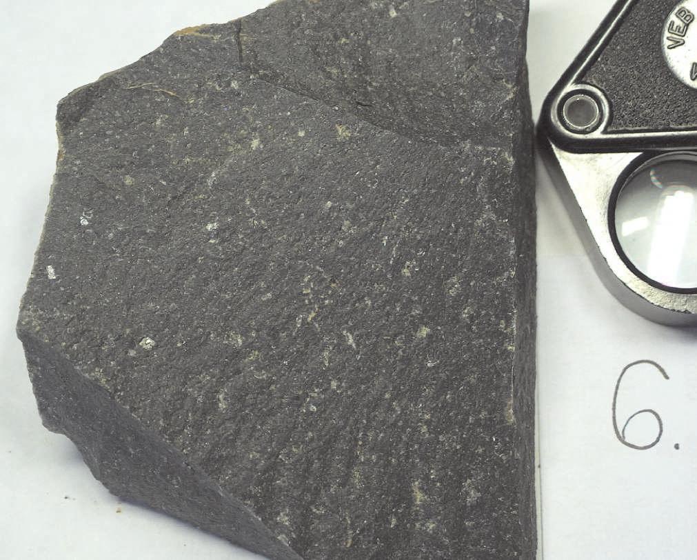 Grey spotted andesite with orientated texture, its dry (a) and wet cut (b) surface kosan törő, sötétszürke porfíros, üveges (12a b.