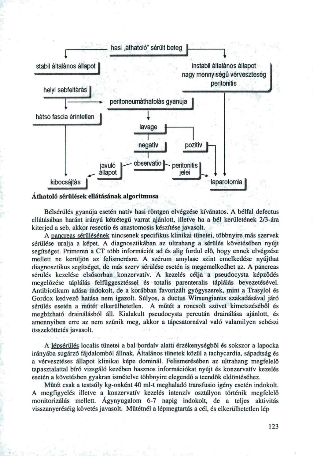 hasi.áthatoló" sérült beteg instabil általános állapot stabil általános állapot j nagy mennyiségű vérveszteség peritonitis helyi sebfeltárás ~ T hálsó fascia érintetlen peritoneumáthatolás gyanúja J