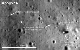 hold Az Apollo-14 leszállóhelyénél nem csak az Antares modul azonosítható a felvételen, de a kép bal sarkában látható nagyobb kráter irányában megfigyelhetõk az asztronauták lábnyomainak sávjai,