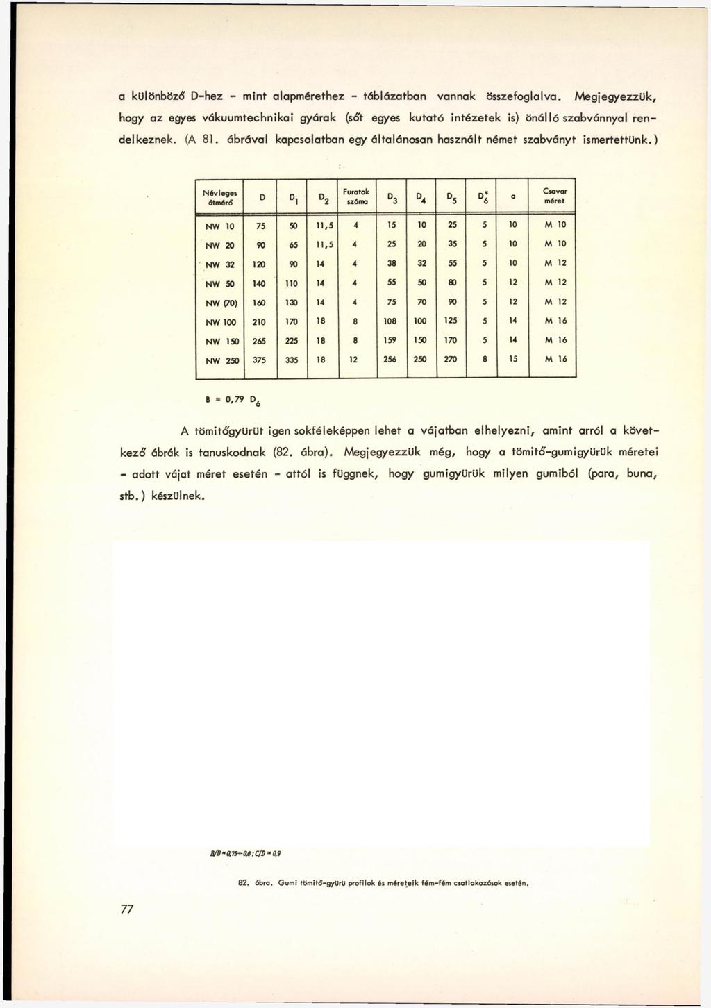 a különböző' D-hez - mint alapmérethez - táblázatban vannak összefoglalva. Megjegyezzük, hogy az egyes vákuumtechnikai gyárak (só't egyes kutató intézetek is) önálló szabvánnyal rendelkeznek. (A 81.