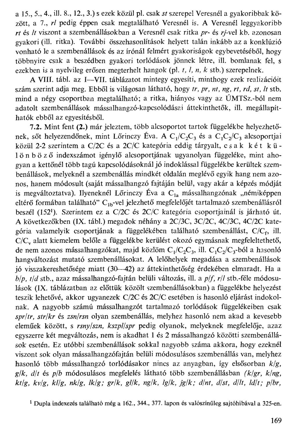 a 15., 5., 4., ill. 8., 12., 3.) s ezek közül pl. csak jf szerepel Veresnél a gyakoribbak között, a 7., r/ pedig éppen csak megtalálható Veresnél is.