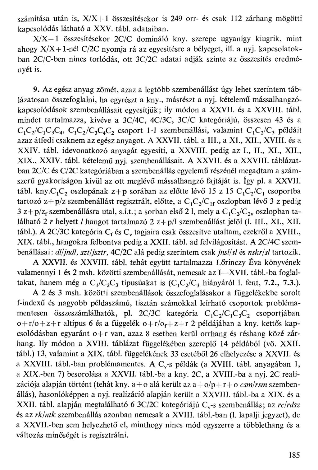 számítása után is, X/X+l összesítésekor is 249 orr- és csak 112 zárhang mögötti kapcsolódás látható a XXV. tábl. adataiban. X/X1 összesítésekor 2C/C domináló kny.