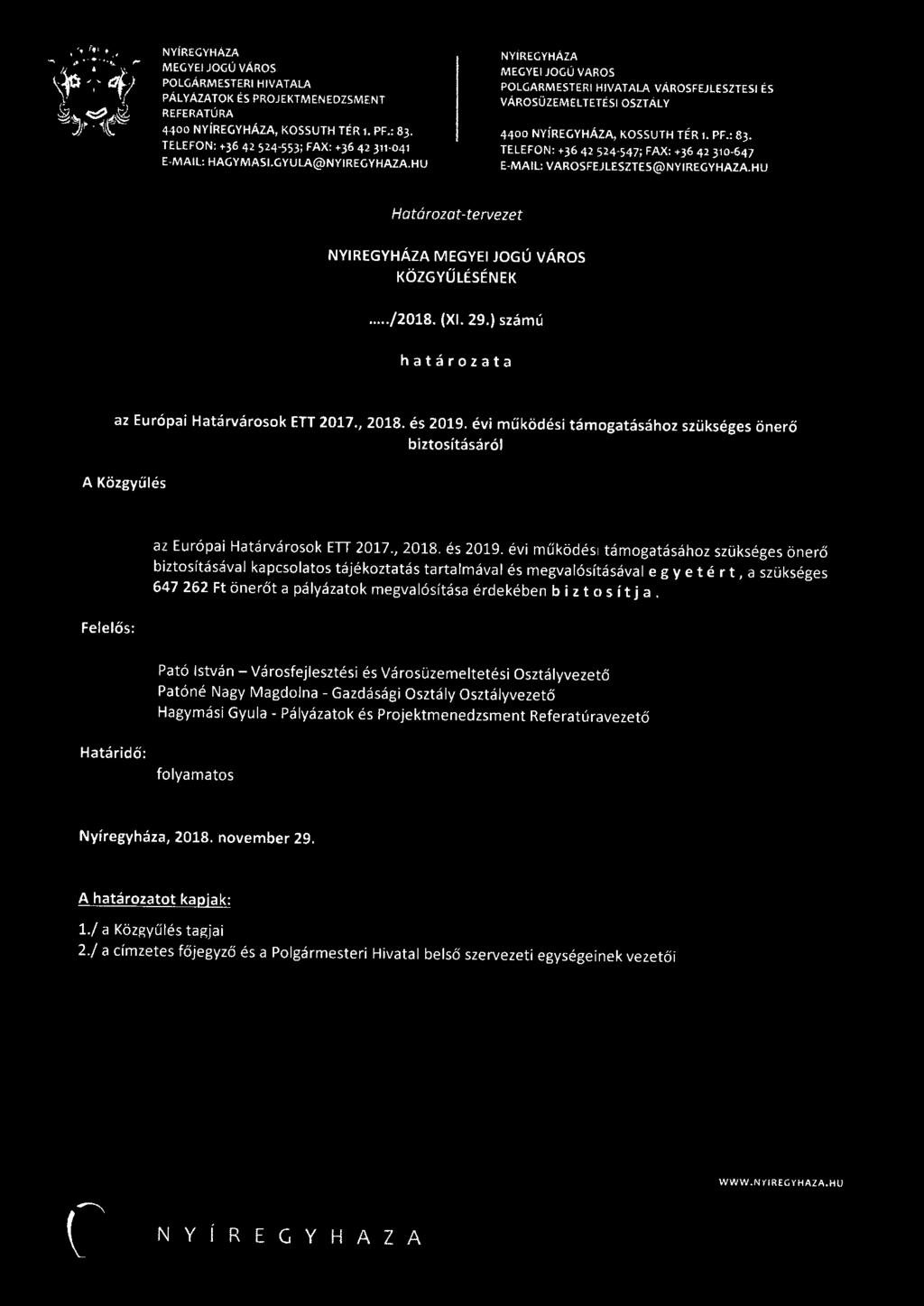 TELEFON: +36 42 524-553; FAX: +36 42 311-041 E-MAIL: HAGYMASl.GYULA@NYIREGYHAZA.HU POLGARMESTERI HIVATALA VÁROSFEJLESZTESI ES Határozat-tervezet KÖZGYŰLÉSÉNEK..../2018. (Xl. 29.