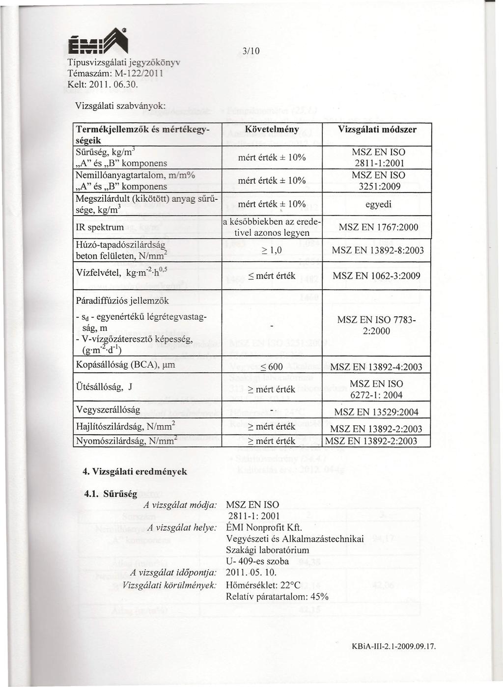 E=:: --_.~ Típusvizsgálati jegyző öny Témaszám: M-122/2011 Kelt: 2011. 06.30.