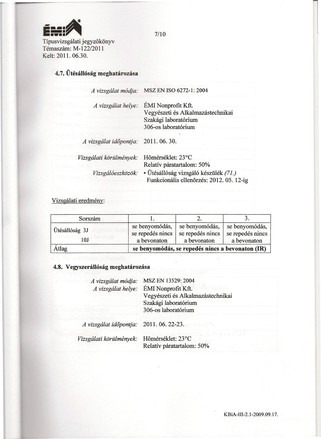 ---. E:=: ~ Típusvizsgálati jegyzőkön Témaszám: M-122/2011 Kelt: 2011. 06.30. 7/10 4.7. Ütésállóság meghatározása A vizsgálat mádja: MSZ EN ISO 6272-1: 2004 A vizsgálat helye: ÉMI Nonprofit Kft.