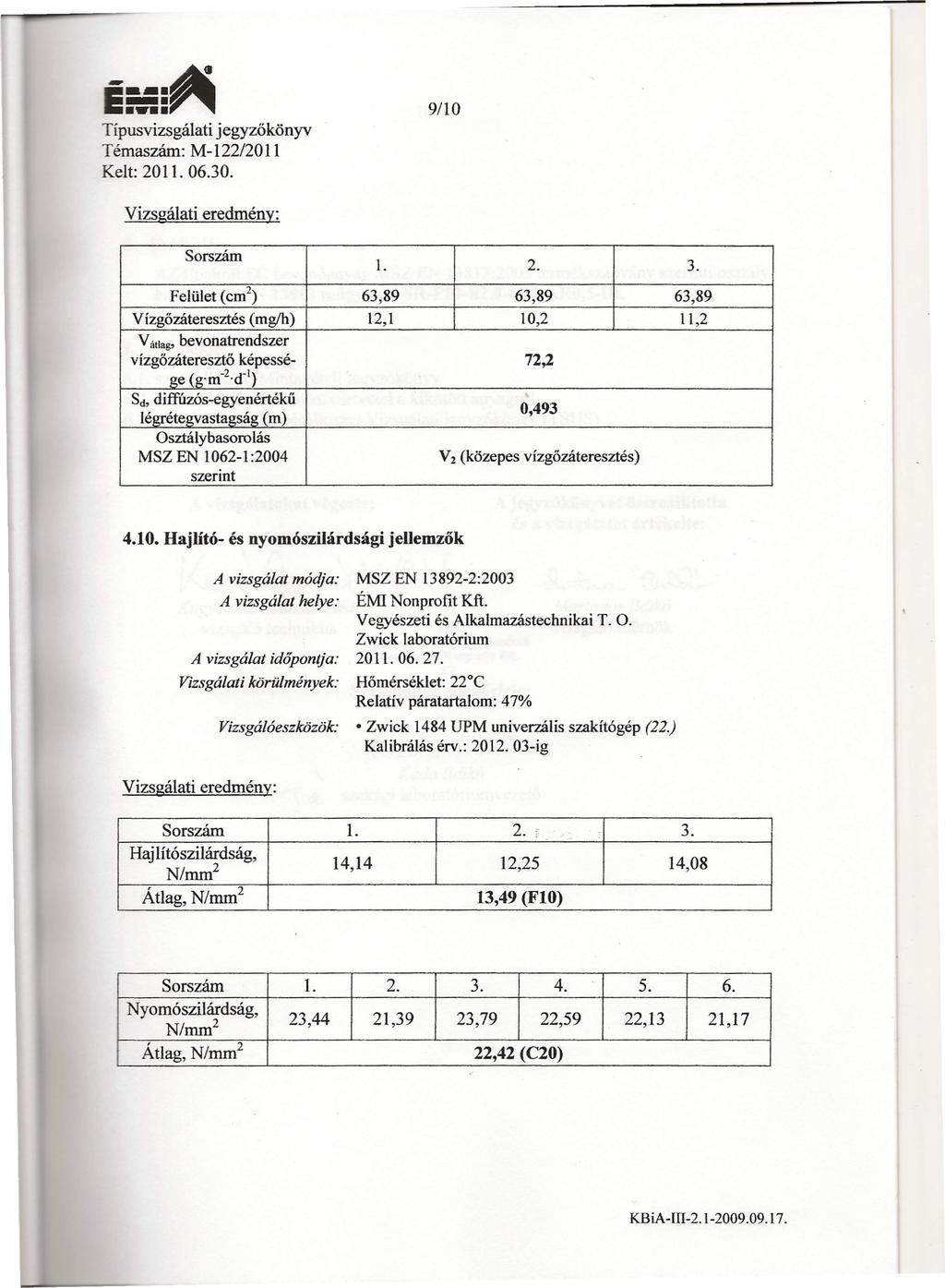 --_.~ _._. Típusvizsgálati jegyzőkönyv Témaszám: M-122/2011 Kelt: 2011. 06.30. 9110 Sorszám 1. 2. 3.