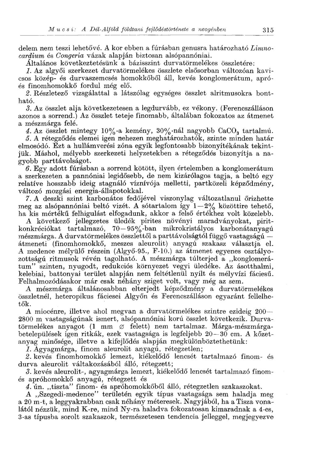 Mue si: A Dél-Alföld földtani fejlődéstörténete a neogénben 315 delem nem teszi lehetővé. A kor ebben a fúrásban genusra határozható Limnocctrdium és Gongeria vázak alapján biztosan alsópannóniai.