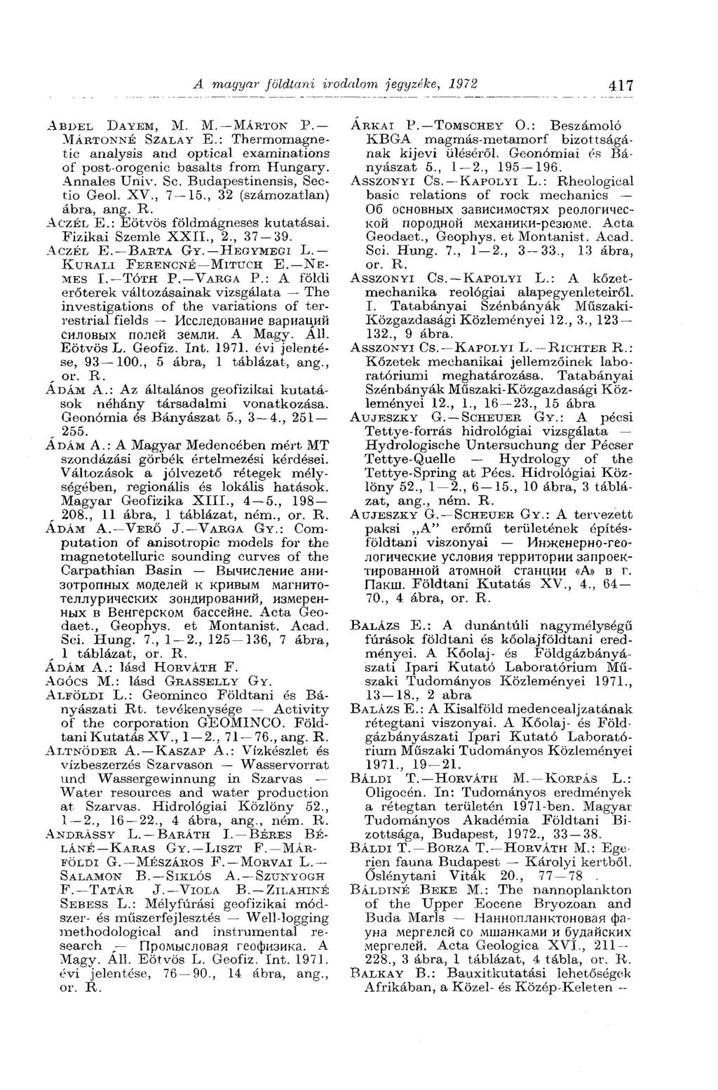 A magyar földtani irodalom jegyzéke, 1972 417 ABDEL DAYEM, M. M. MÁRTON P. ÁRKAI P. TOMSCHEY O.: Beszámoló MÁRTONNÉ SZÁLA Y E.