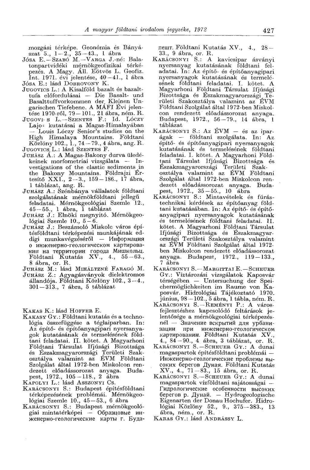 A magyar földtani irodalom jegyzéke, 1972 427 mozgási térképe. Geonómia és Bányászat 5., 1 2., 35 43., 1 ábra JÓSA E. SZABÓ М. VARGA J.-né: Balatonpartvidéki mérnökgeofizikai térképezés. A Magy. Áll.