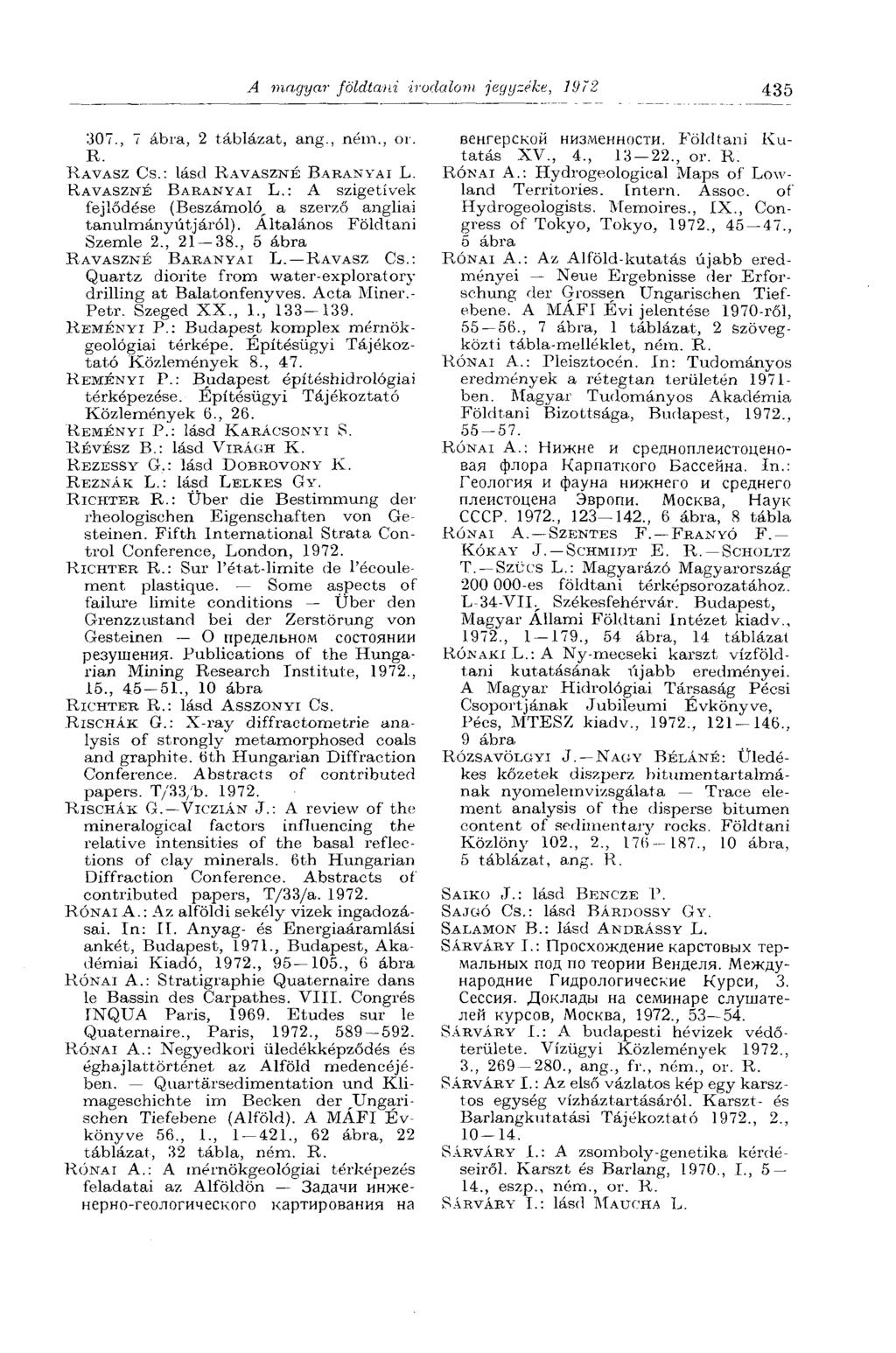 A magyar földtani irodalom jegyzéke, 19/2 435 307., i ábra, 2 táblázat, ang., ném., or. В. RAVASZ CS.: lásd RAVASZNÉ BARANYAI L. RAVASZNÉ BARANYAI L.: A szigetívek fejlődése (Beszámoló, a szerző angliai tanulmányútjáról).
