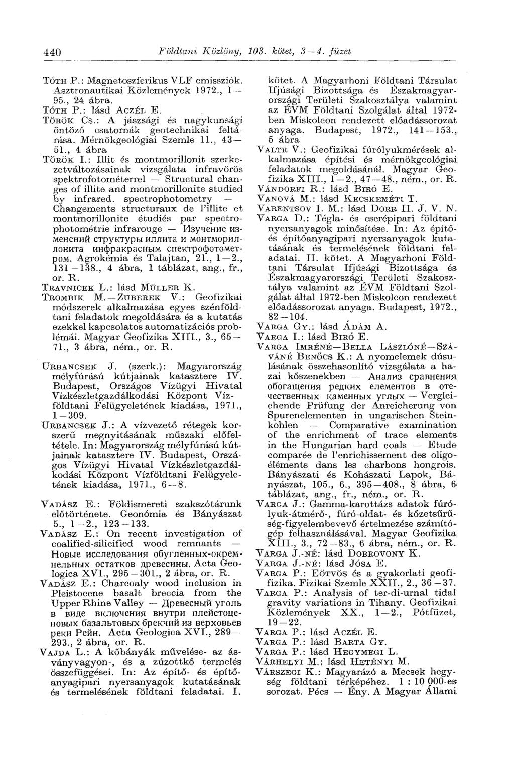 440 Földtani Közlöny, 103. kötet, 3 4. füzet TÓTH P.: Magnetoszferikus VLF emissziók. Asztronautikai Közlemények 1972, 1 95, 24 ábra. TÓTH P.: lásd ACZÉL E. TÖKÖK Cs.