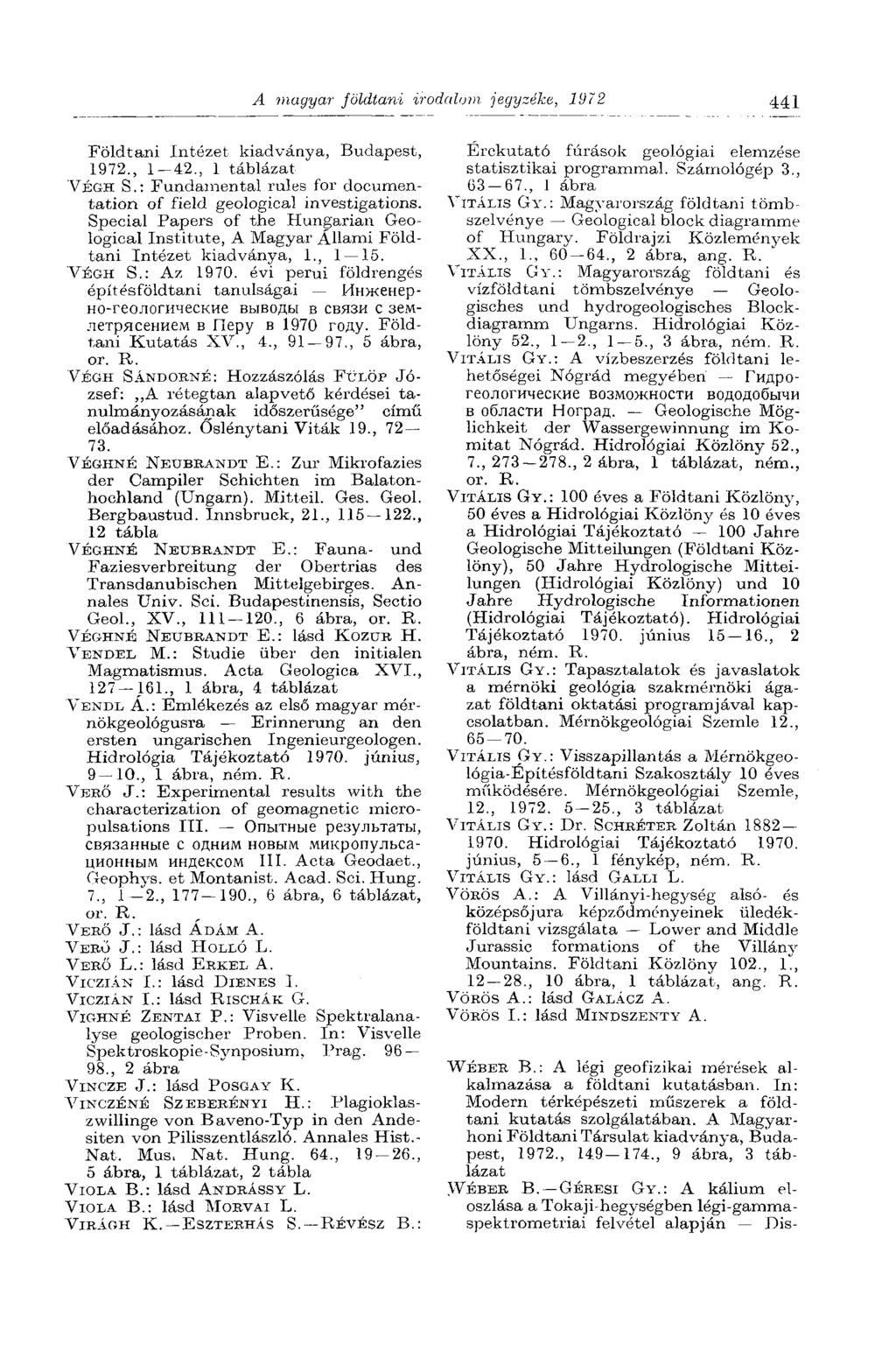 A magyar földtani irodalom jegyzéke, 1972 441 Földtani Intézet kiadványa, Budapest, 1972., 1 42., 1 táblázat VÉGH S.: Fundamental rules for documentation of field geological investigations.