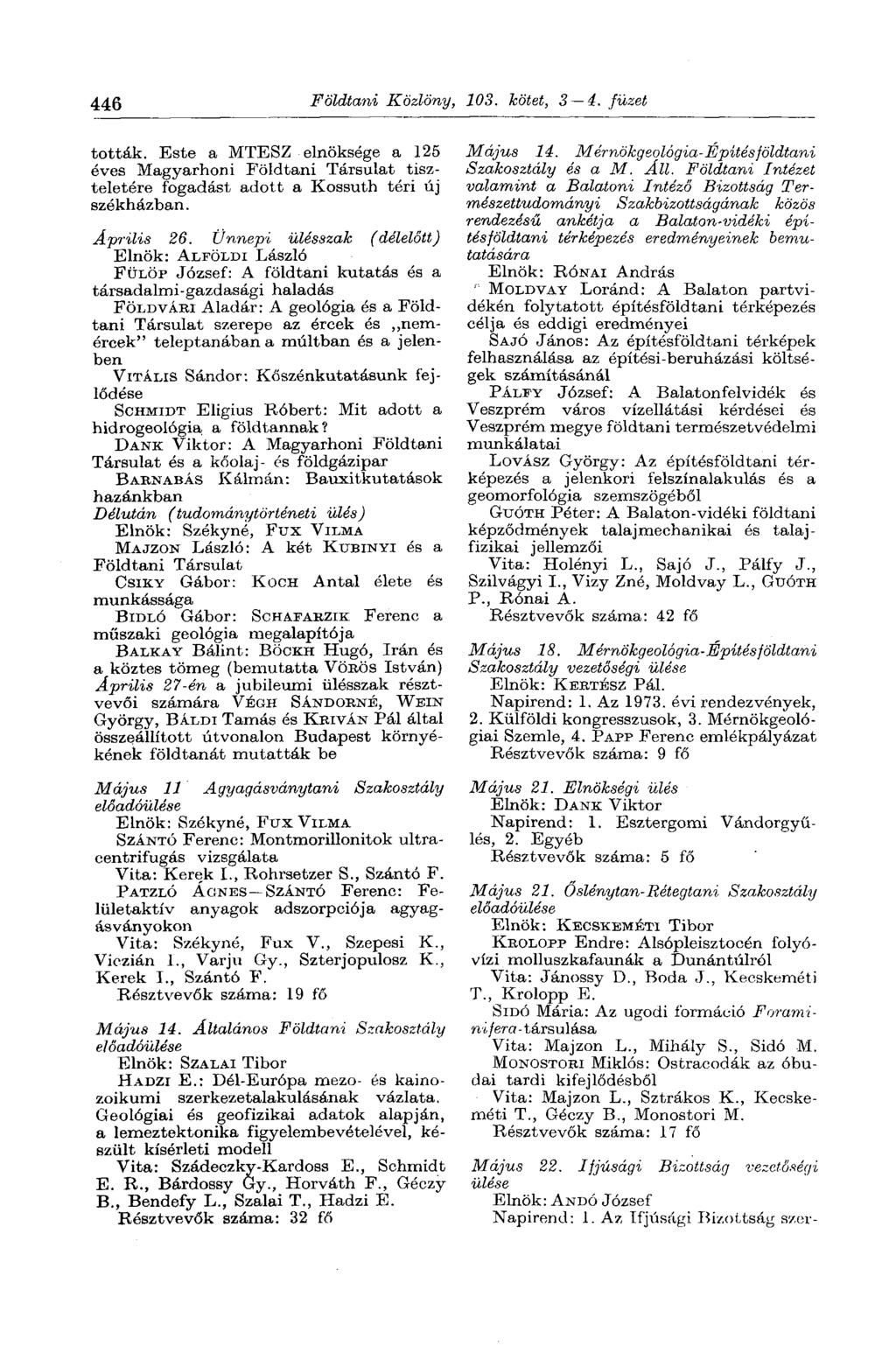 446 Földtani Közlöny, 103. kötet, 3 4. füzet tották. Este a MTESZ elnöksége a 125 éves Magyarhoni Földtani Társulat tiszteletére fogadást adott a Kossuth téri új székházban. Április 26.