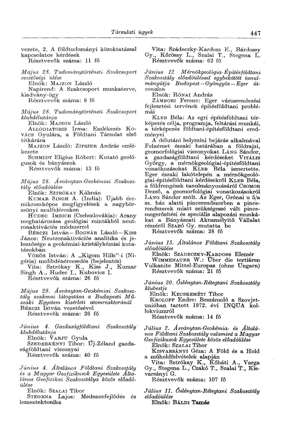 Társulati ügyek 447 vezete, 2. A földtudományi közoktatással kapcsolatos kérdések Résztvevők száma: 11 fő Május 28.