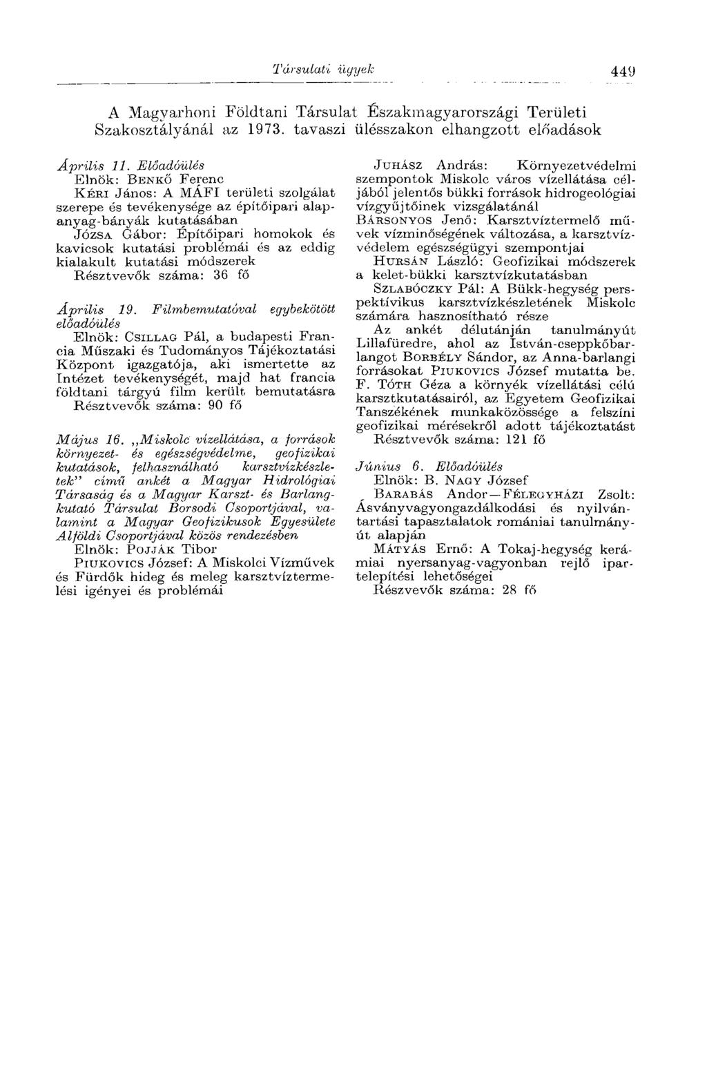 Társulati ügyek 449 A Magyarhoni Földtani Társulat Északmagyarországi Területi Szakosztályánál az 1973. tavaszi ülésszakon elhangzott előadások Április 11.